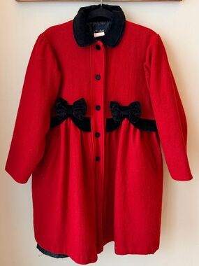 Vintage Woodland Canada Red Wool Swing Coat Black Velvet Bows Size 12